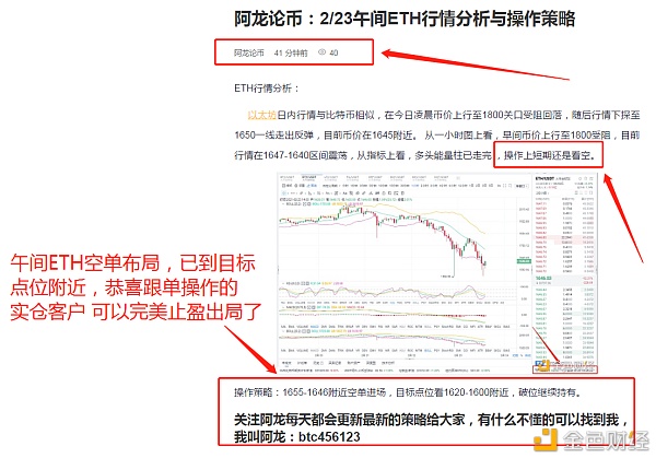 阿龙论币：2/23午间ETH空单战略完美获利69个点关注我为你专业指导讲解