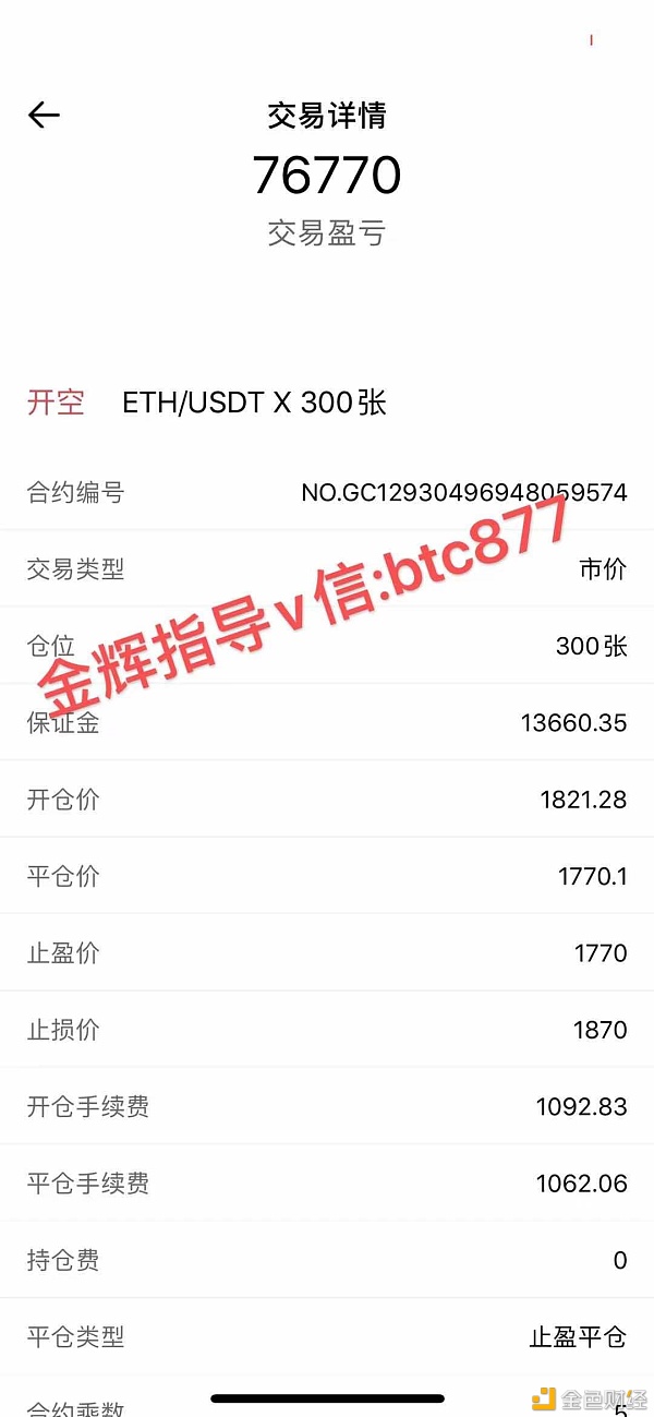 金辉：恭喜ETH空单大获7.6万U太给力了