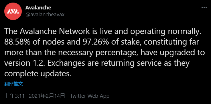 Avalanche网络已光复且正常运行