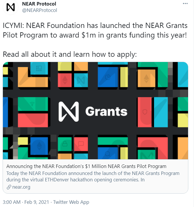 NEAR基金会发布启动100万美元的Grant辅助规划