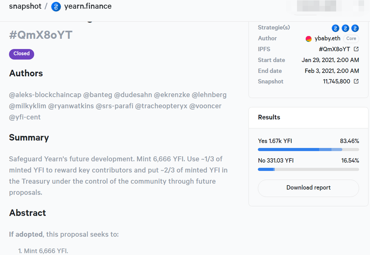 Yearn Finance关于新铸造6666枚YFI的社区投票已通过