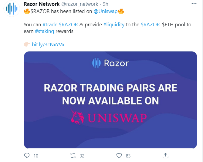 去中心化预言机平台Razor Network完成代币果然销售，现已上线Uniswap