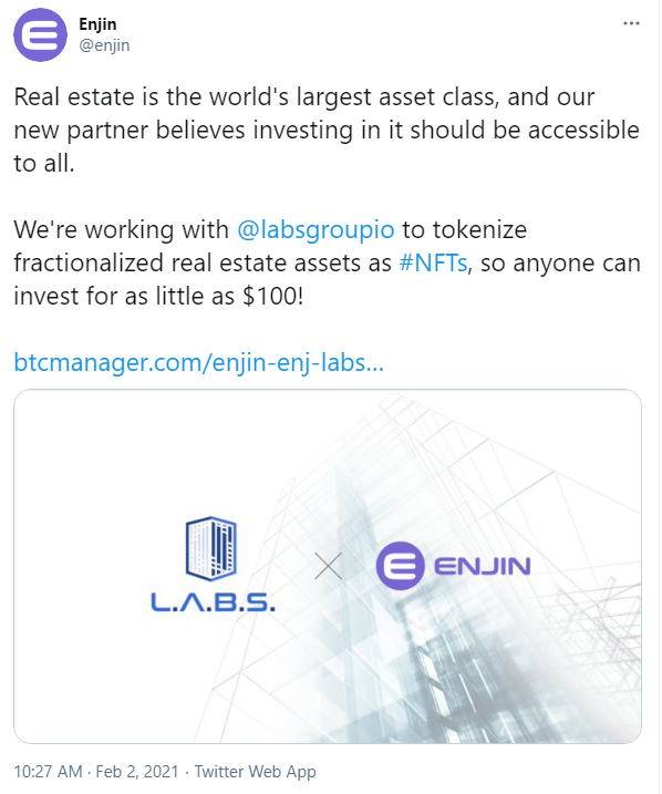 Enjin发布与LABS Group达成互助，将房地产举行代币化