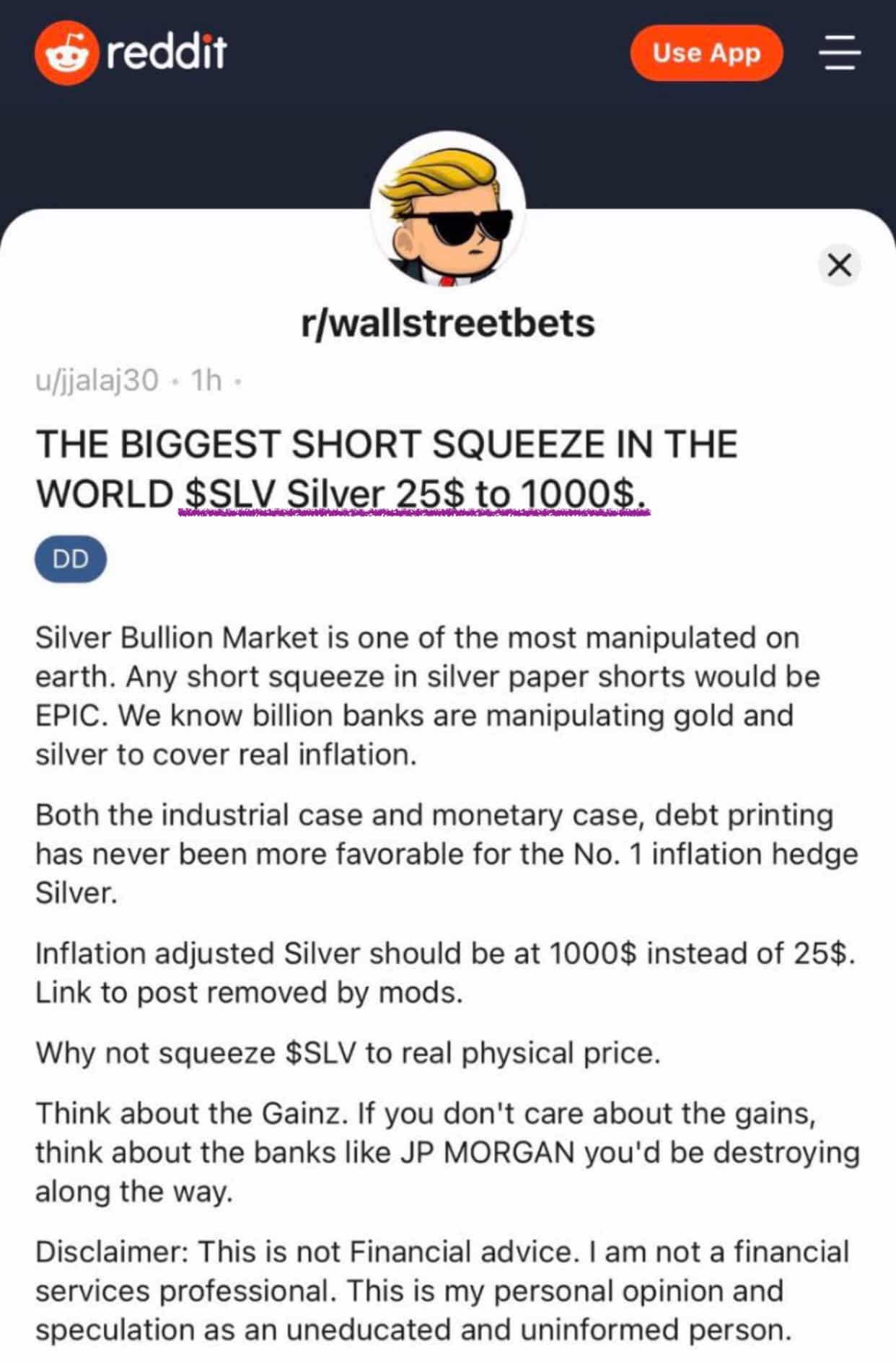 银 [$SLV] 大空头挤压开始，Wallstreetbets将银价定为1000美元