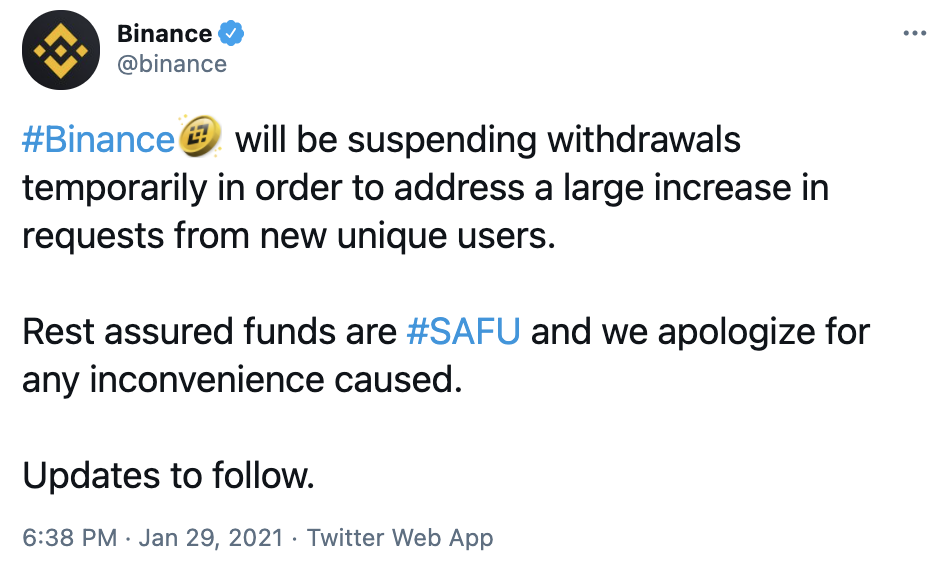 币安暂停提现业务，称因新用户及接见量陡增