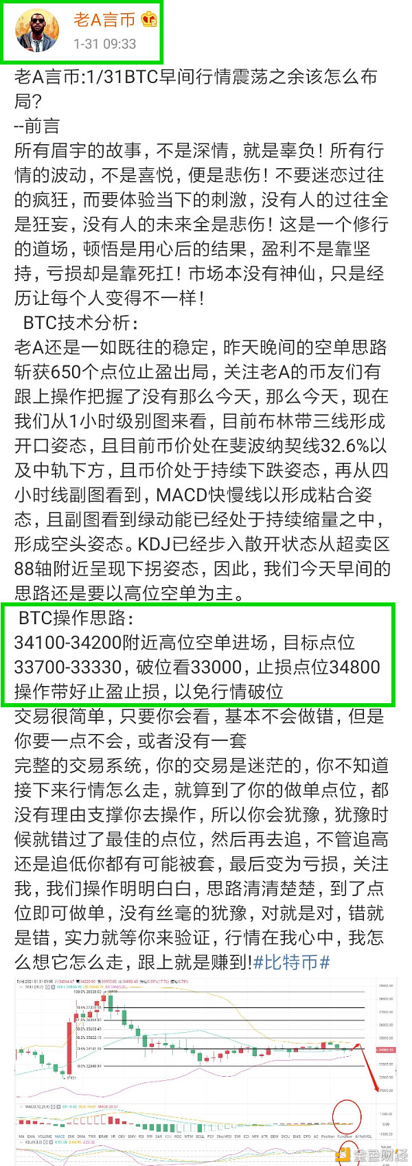 老A言币：1/31BTC午间震荡行情小赢出局