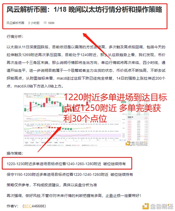 风云剖析币圈：1/18晚间以太坊多单完美命中获利30个点位只有利润才是最符合实