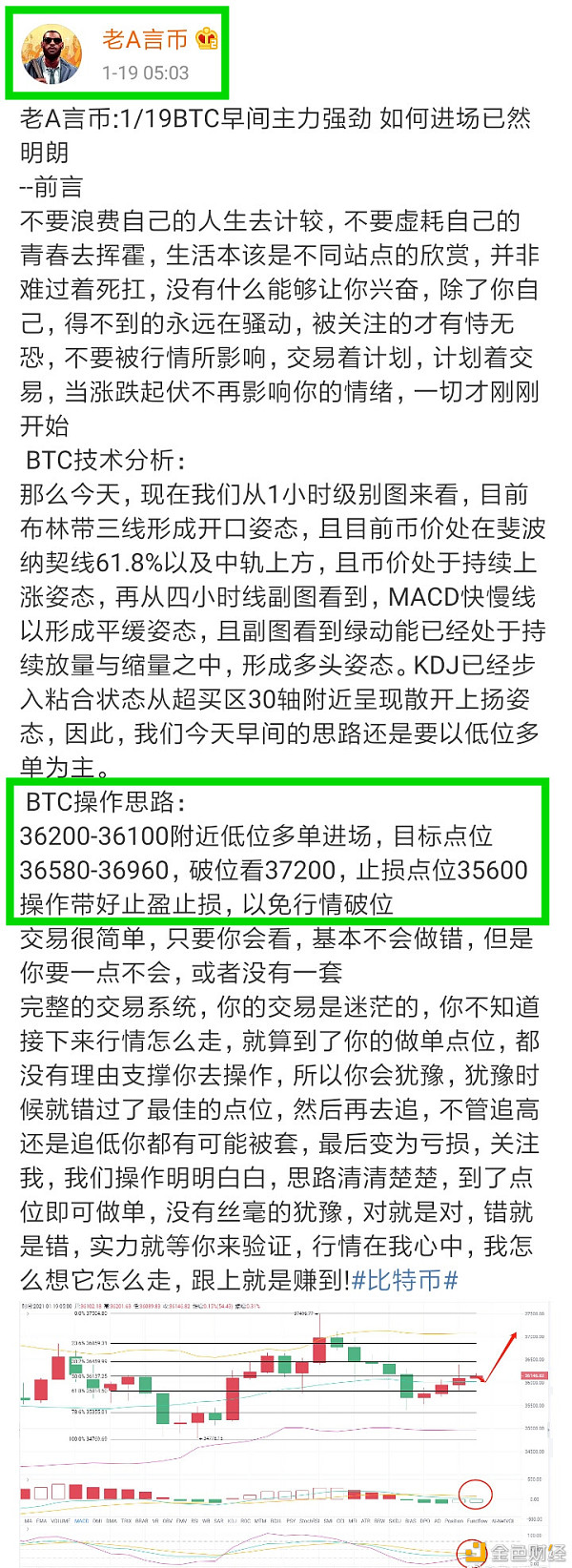 老A言币：1/19BTC早间精准预判恭喜上车的实仓币友斩落1080个点位止盈离场