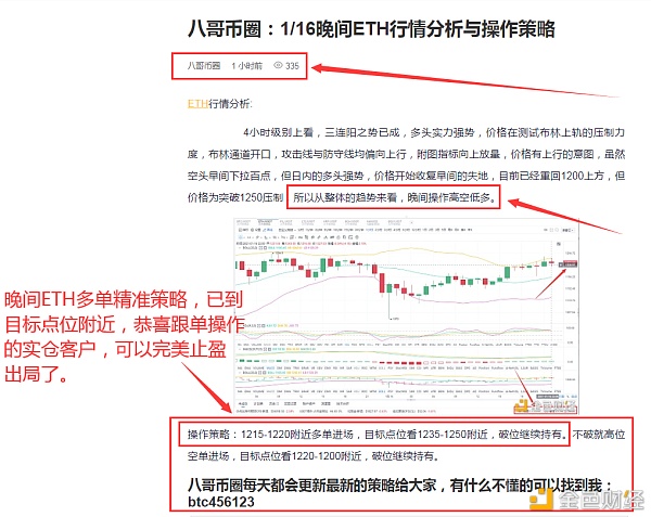 八哥币圈：1/16晚间ETH多单战略恭喜跟单哄骗的实仓客户完美获利60个点