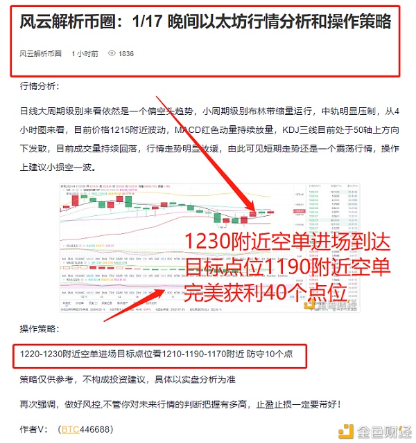 风云剖析币圈：1/17晚间以太坊空单完美命中获利60个点位以较小的风险博取较大