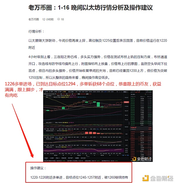 老万币圈：1-17止盈提醒以太坊多单斩获68个点位成功不是靠运气选择大于极力