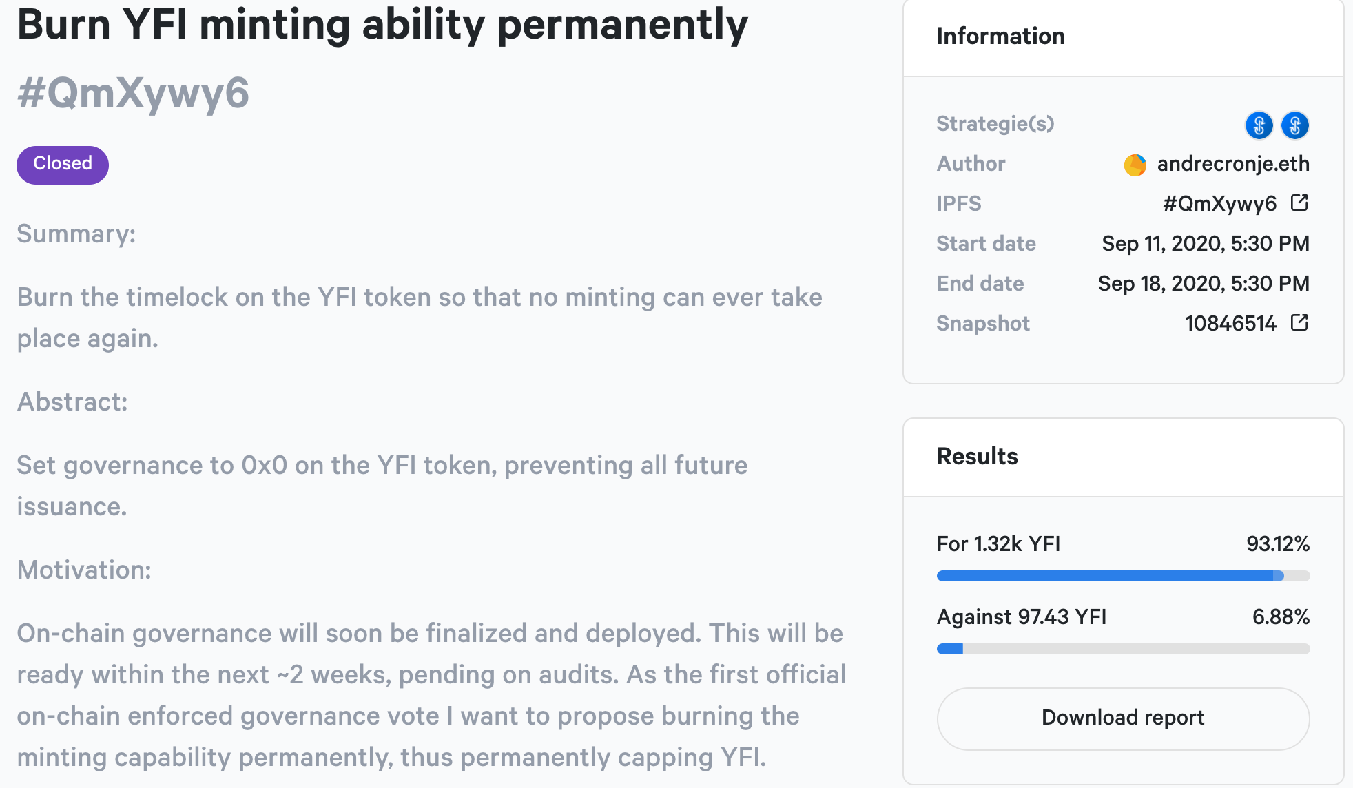 Yearn Finance提议铸造1000个YFI代币以奖赏核心开辟者的提案遭到否决