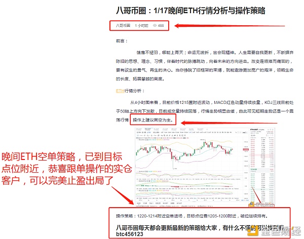 八哥币圈：1/17晚间ETH空单构造恭喜实仓客户完美获利15个点