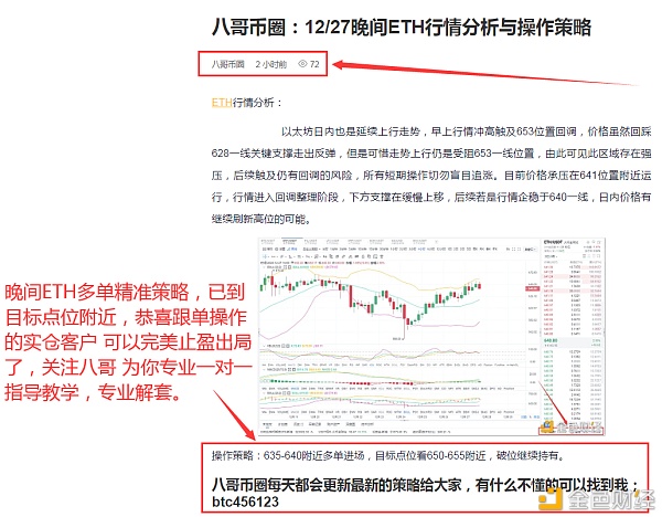 八哥币圈：12/27晚间ETH多单战略恭喜实仓客户完美获利10个点