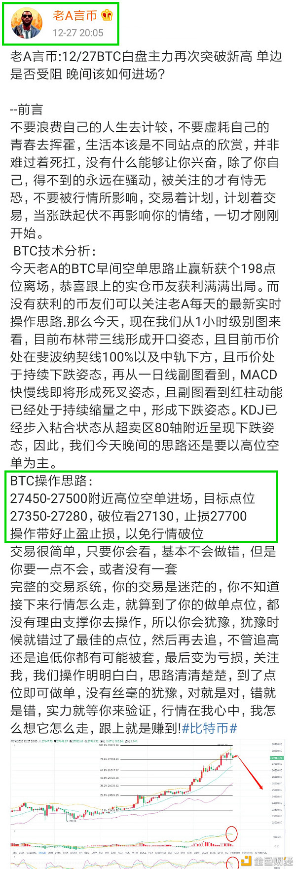 老A言币：12/27BTC晚间止盈通知恭喜实仓币友瞬间获利337个点位离场