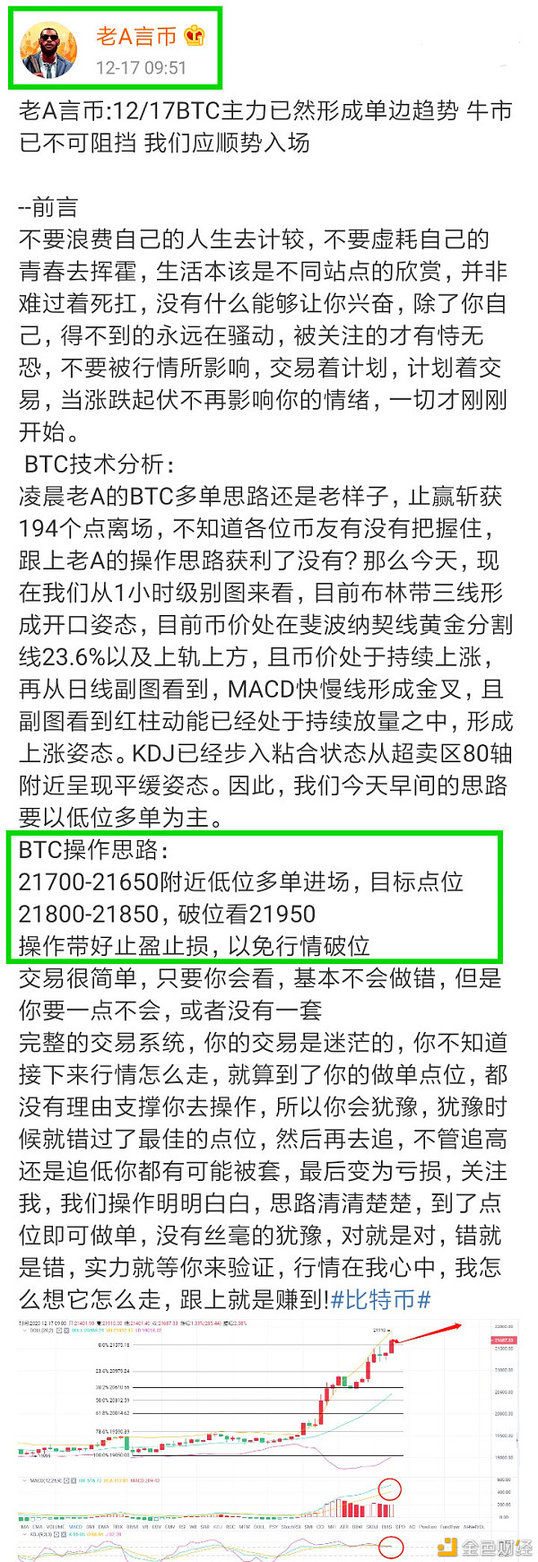 老A言币：12/17BTC午间实时止盈通知恭喜实仓币友获利259个点位离场