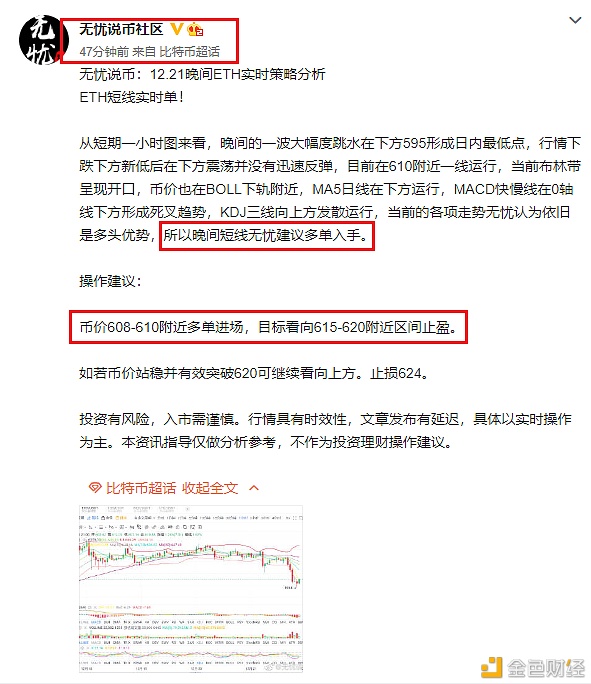 无忧说币：12.21晚间ETH实时短线单止盈提醒