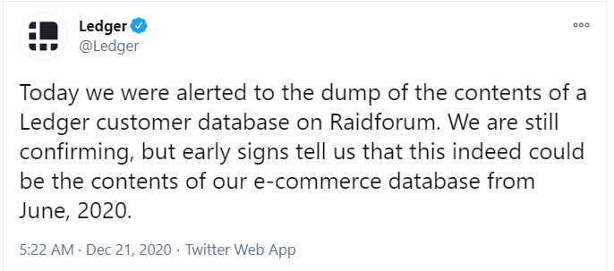 加密硬件钱包公司Ledger用户数据在Raidforum上传播，疑似为今年6月泄露的信息