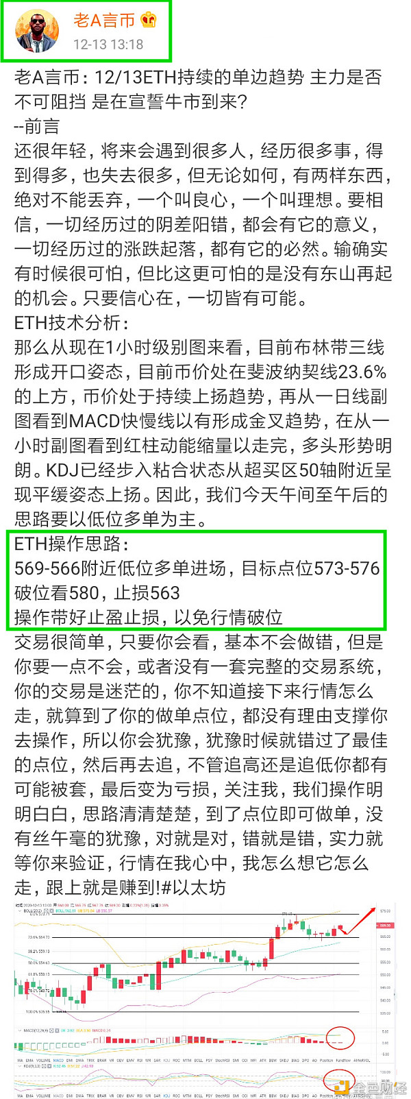 老A言币：12/13ETH午后实时通知恭喜实仓币友强势止盈14个点位离场