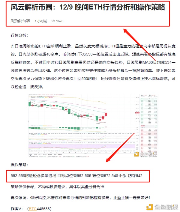 风云战略止盈提醒：12/9晚间ETH多单构造已到达目的点位完美获利11个点位